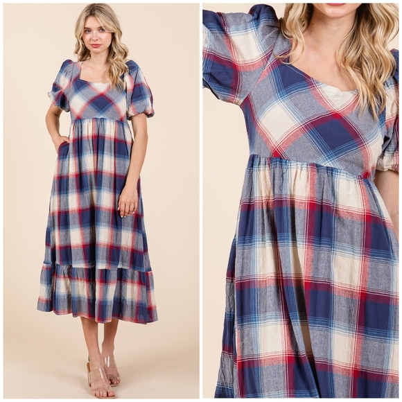 POLAGRAM Plaid Pattern Short Sleeves Midi Dress - Picture 7 of 11